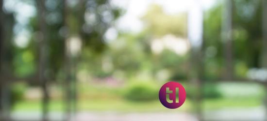 alt= Blurred view of a park with greenery and a purple logo with the letters "tl" in the center, overlaying the image.